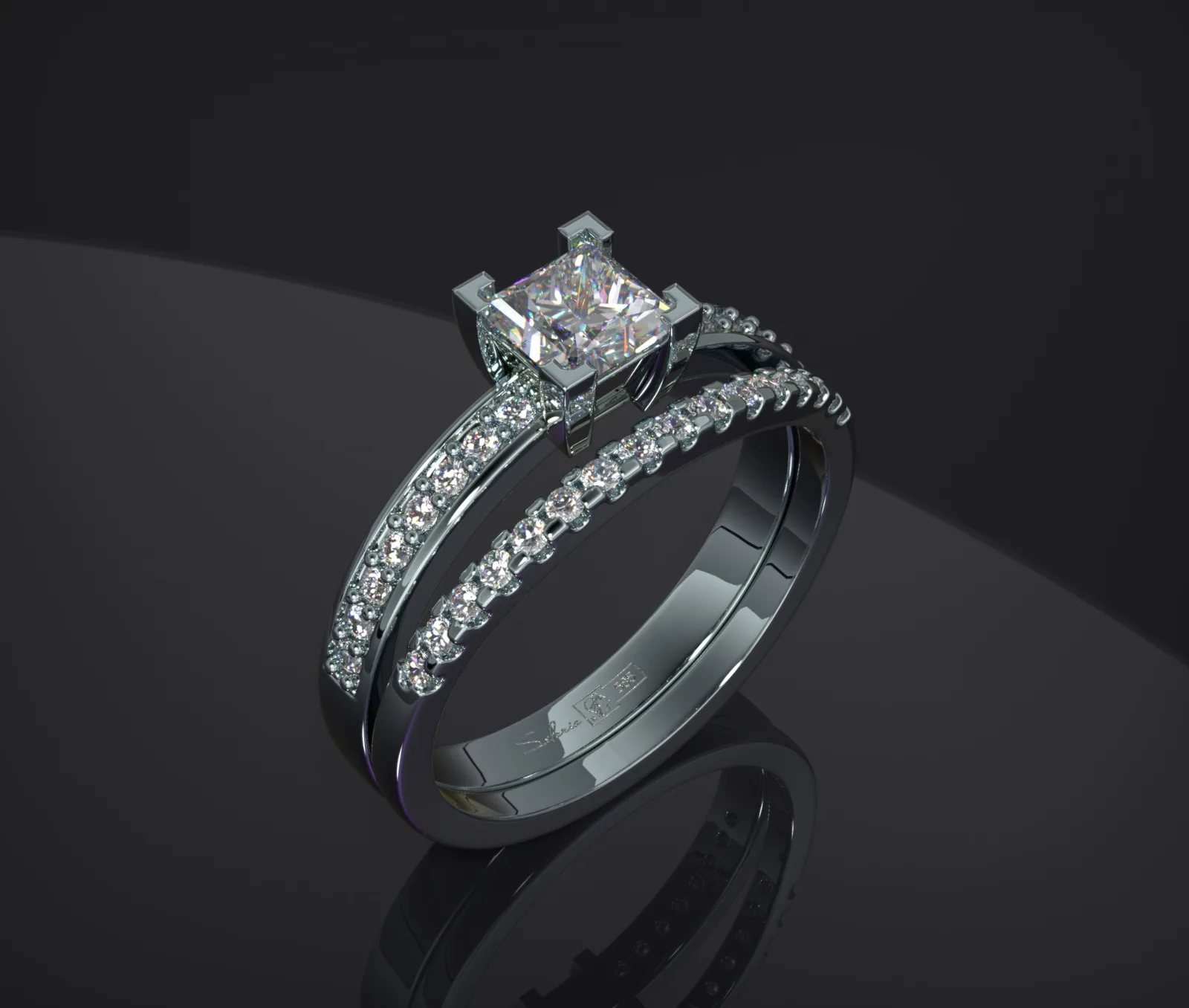 White-gold engagement ring visualization on a dark reflective set