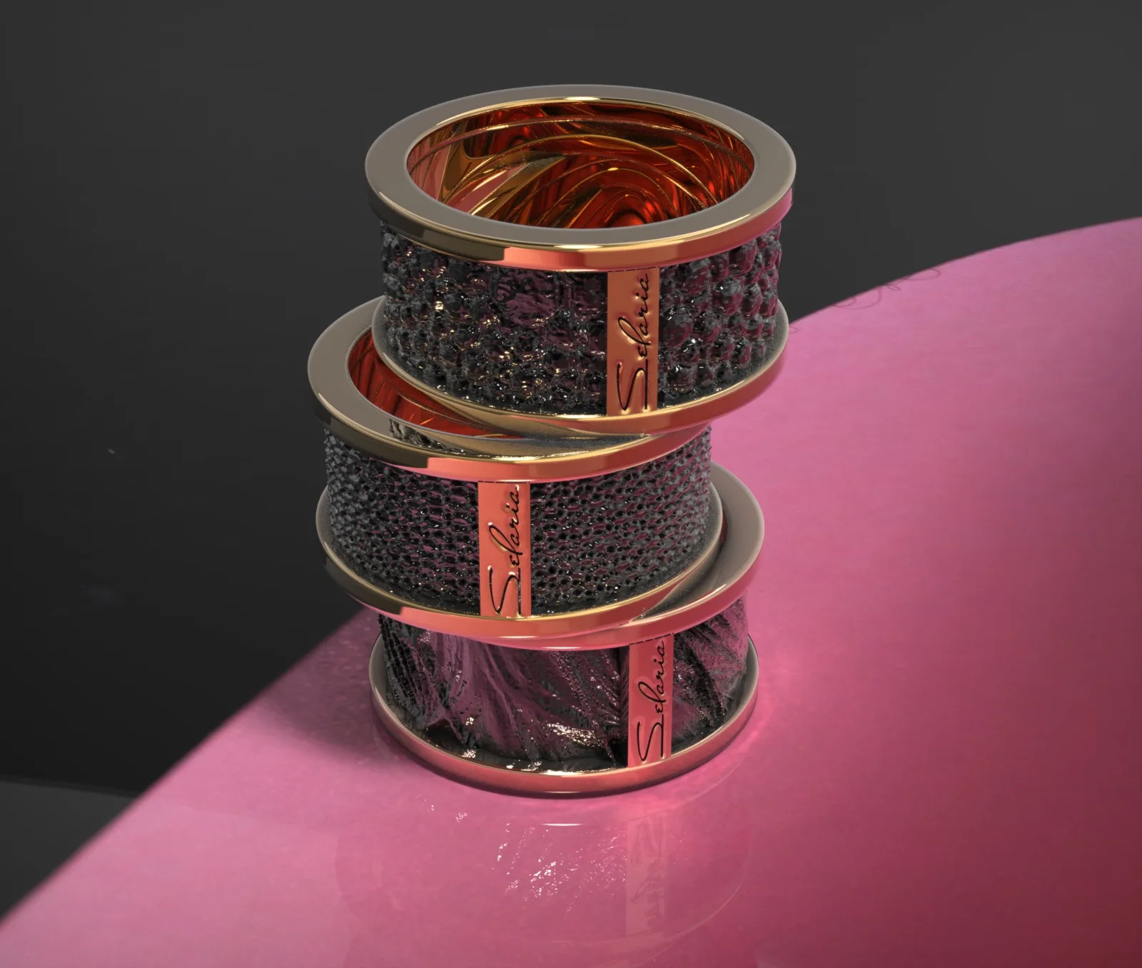 Stacked wide rings on a pink studio set