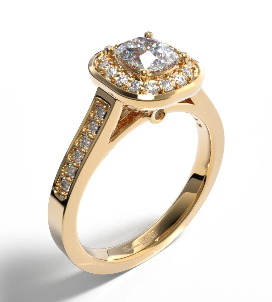 Yellow gold diamond ring on white background